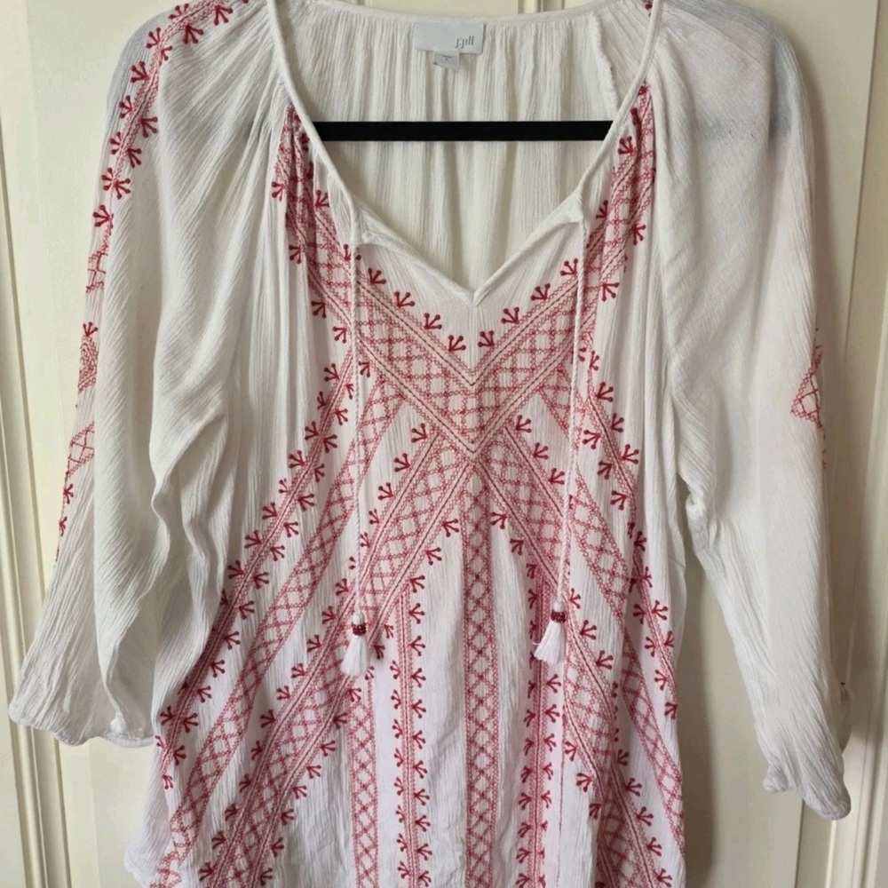 J. Jill White Blouse with Red Embroidery
